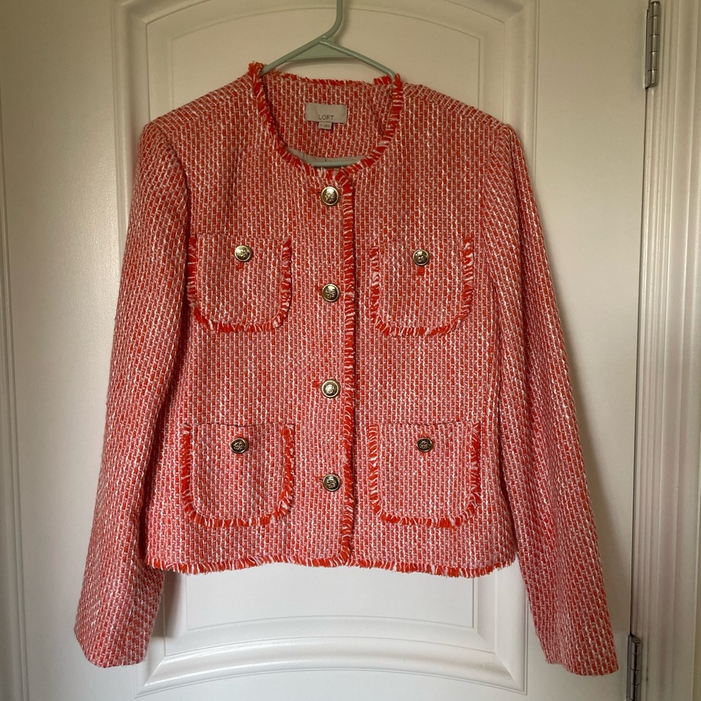 Chic Women's Tweed Jacket - Peach white tweed Chanel look